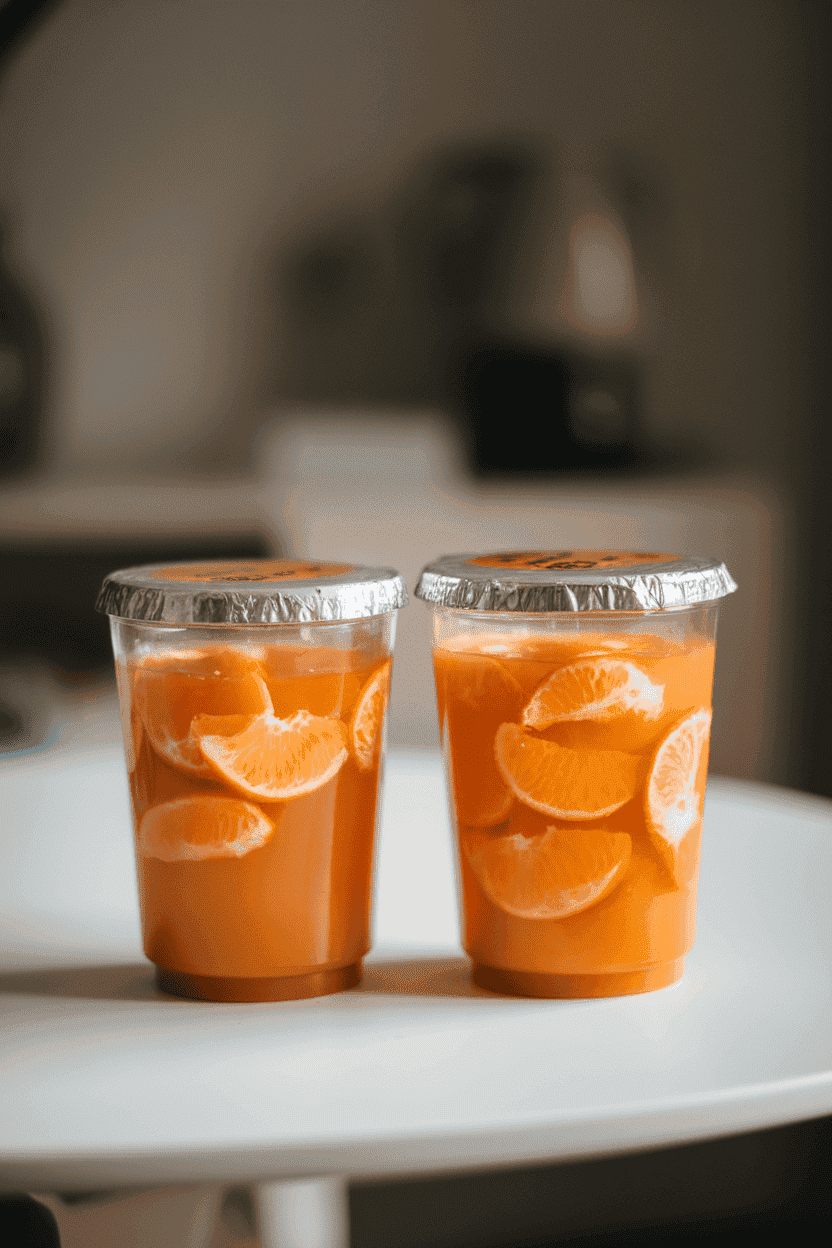A softly lit indoor tabletop featuring two transparent fruit cups filled with mandarin orange segments in juice, each topped with a plain foil lid. No text or logos, photo only.
