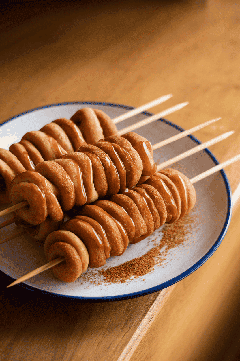 An indoor plate showing spiraled cinnamon-sugar dough pieces threaded onto wooden skewers, glaze drizzled on top; no branding, warm soft light. Photo, not illustration.