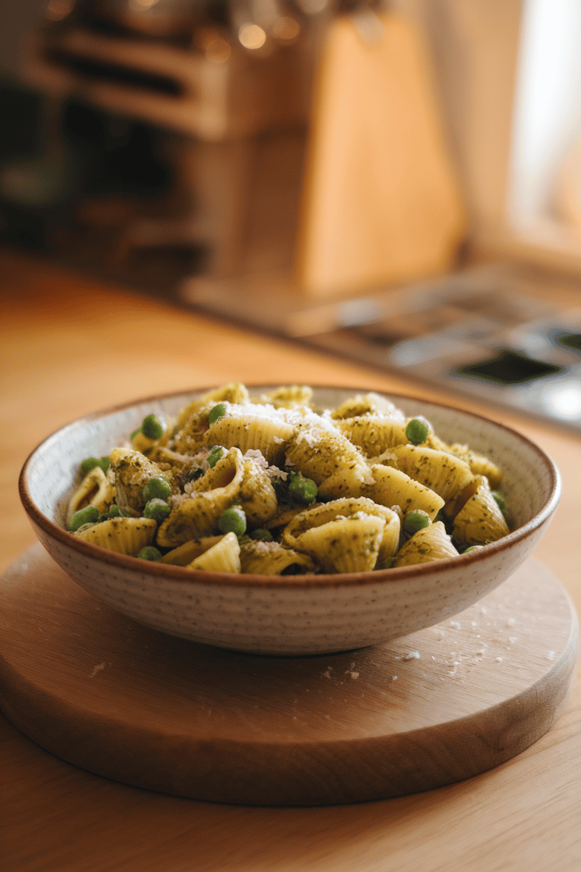 A warmly lit indoor kitchen island showing a bowl of pesto-coated pasta shells dotted with bright green peas and a sprinkle of grated Parmesan. No logos or text visible.