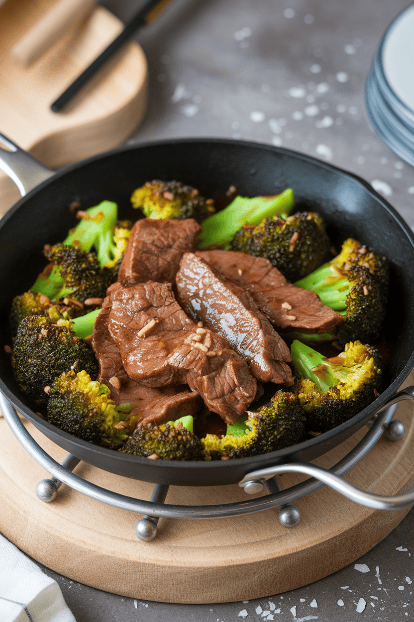 Indoor skillet containing glossy strips of beef and bright green broccoli florets coated in soy-ginger sauce, positioned on a trivet. No logos or text.