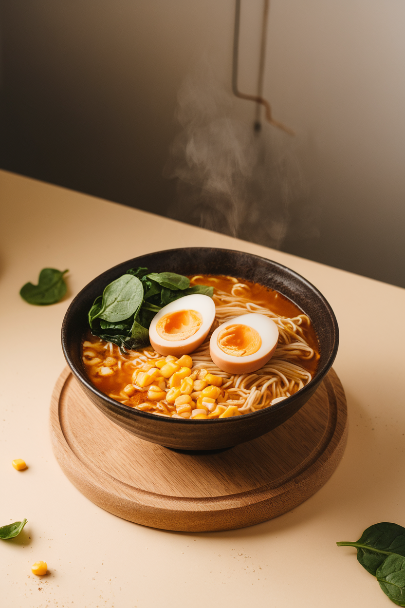 Photo of a steaming bowl of ramen noodles topped with sliced boiled egg, spinach, and corn indoors, no text or logos