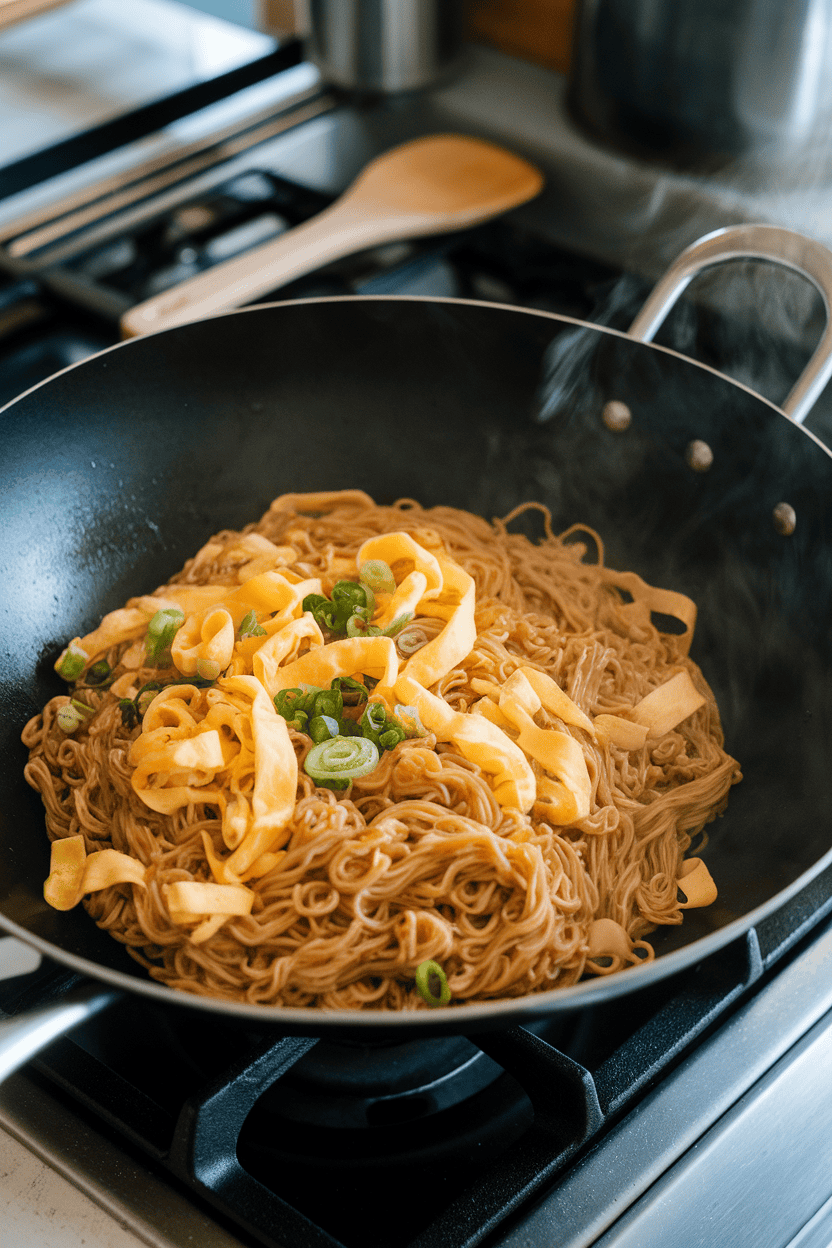Photo, indoor stovetop, a wok filled with soy-glazed noodles tossed with scrambled egg ribbons and green onions; steam visible; no text or logos.
