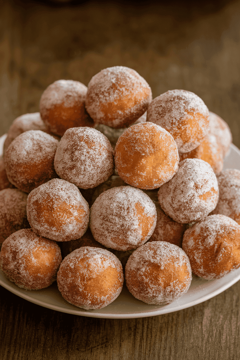An indoor plate piled with small, round skillet-fried doughnuts rolled in cinnamon sugar, warm and lightly glistening. No visible text or logos.