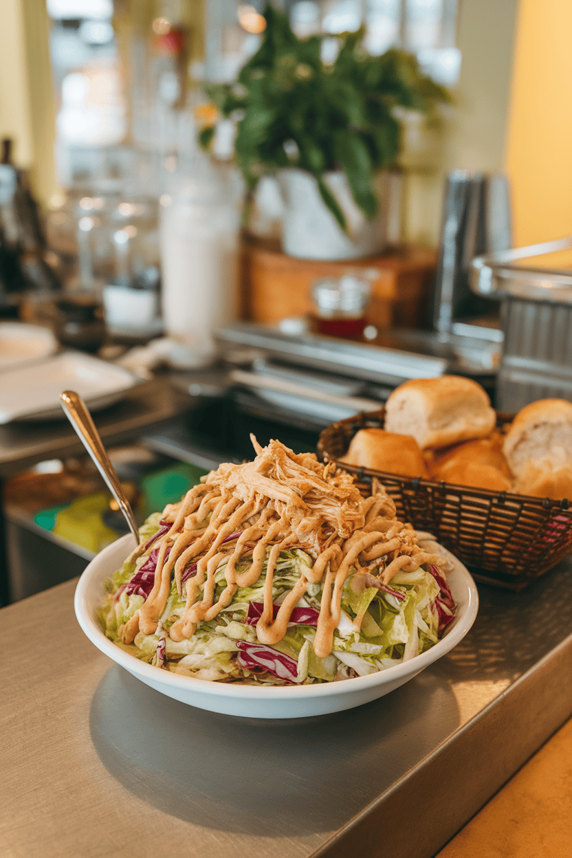 An indoor lunch counter showing a bowl of colorful cabbage slaw drizzled with creamy peanut dressing and topped with shredded chicken. Photo only; no text or logos.