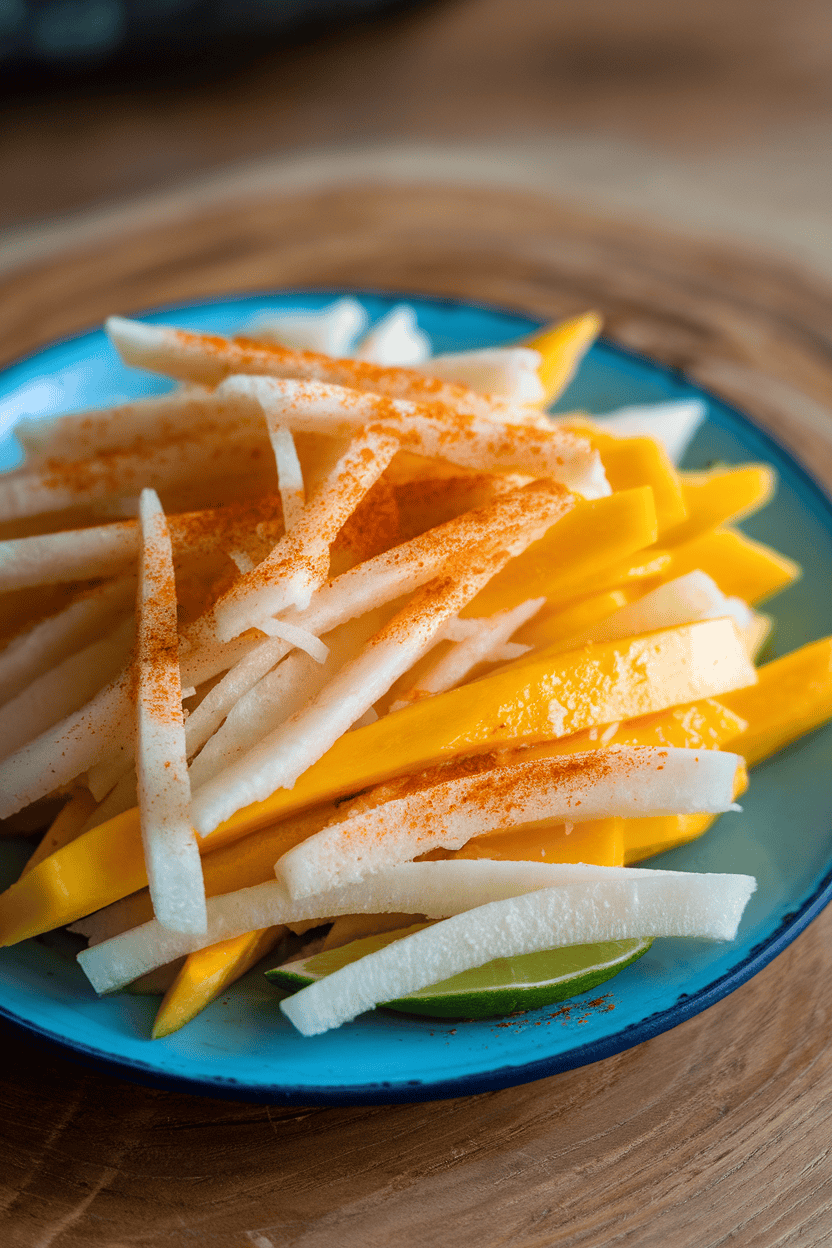 Indoor plate of thinly sliced jicama and ripe mango strips tossed with lime juice and chili powder. Photo only, no text or logos.