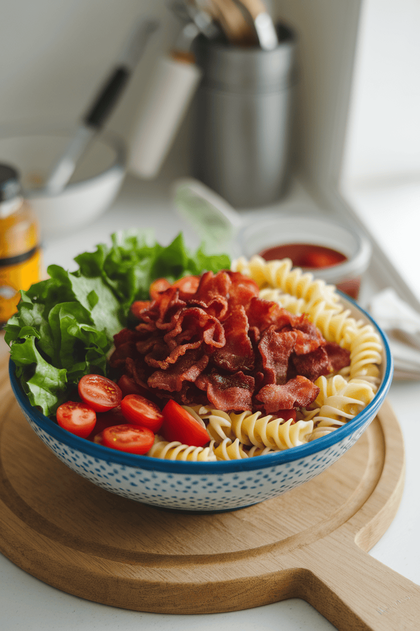 Indoor serving bowl filled with spiral pasta, crispy bacon pieces, halved cherry tomatoes, and chopped lettuce tossed in creamy dressing. Photo only, no text or logos.