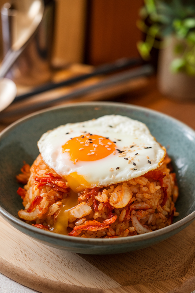 Indoor photo of a shallow bowl of kimchi fried rice, topped with a fried egg and sesame seeds. Warm lighting, no text or logos.
