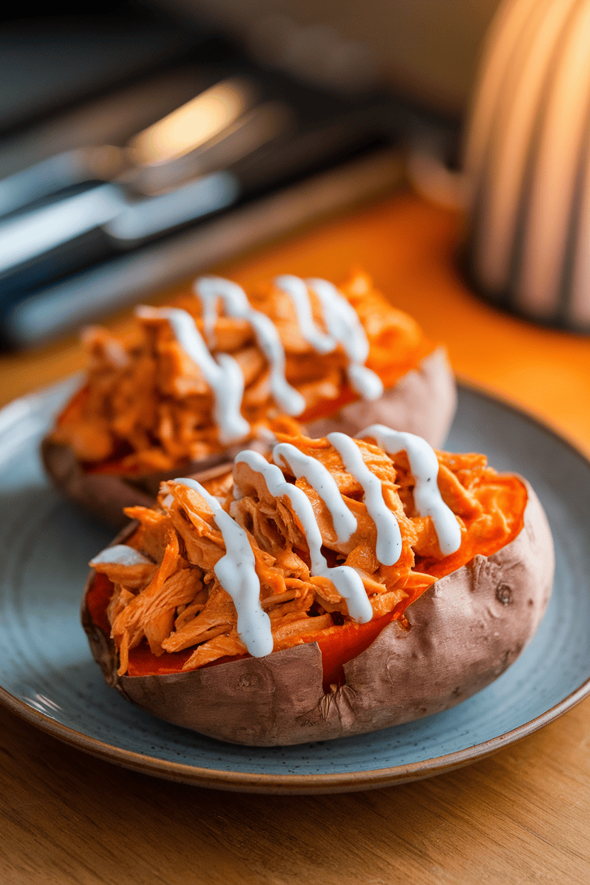 Photo of halved baked sweet potatoes overflowing with shredded buffalo chicken, drizzled with ranch dressing; indoor plate on wooden table; no logos or text.