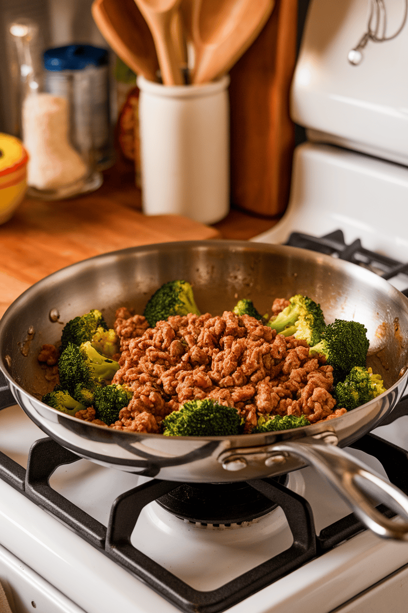 A stainless-steel skillet on an indoor stove holding ground-beef and broccoli stir-fry glazed with soy sauce; photo, no text or logos.