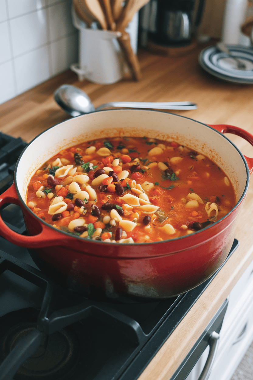 Cozy indoor kitchen counter with a Dutch oven filled with colorful minestrone—diced vegetables, beans, pasta shells—in tomato broth, ladle resting on side, no text or logos.