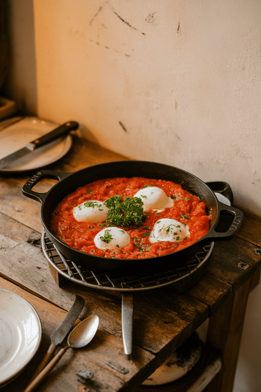 A rustic indoor table with a cast-iron skillet of tomato sauce dotted with poached eggs, garnished with parsley. Photo only; no text or logos visible.