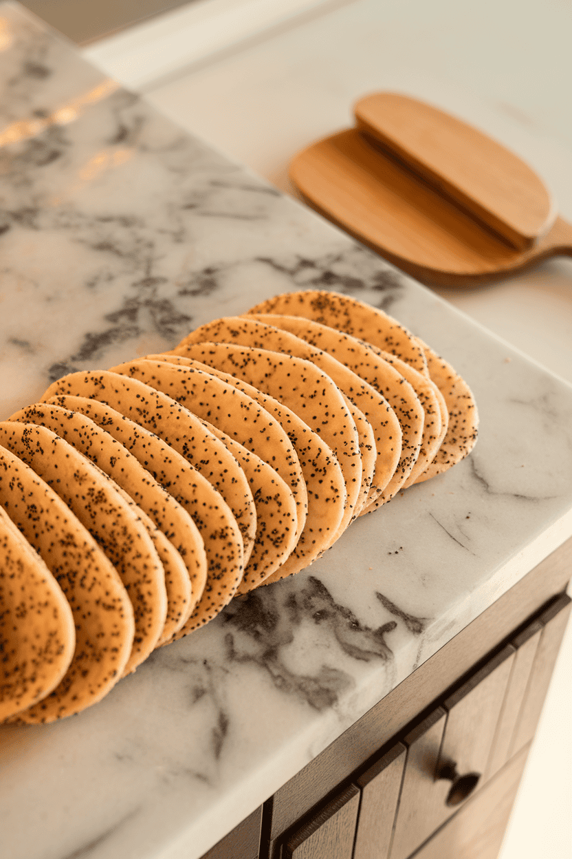 Indoor photo of elongated oval wafers speckled with black sesame seeds on a marble slab, overhead light, no text or logos