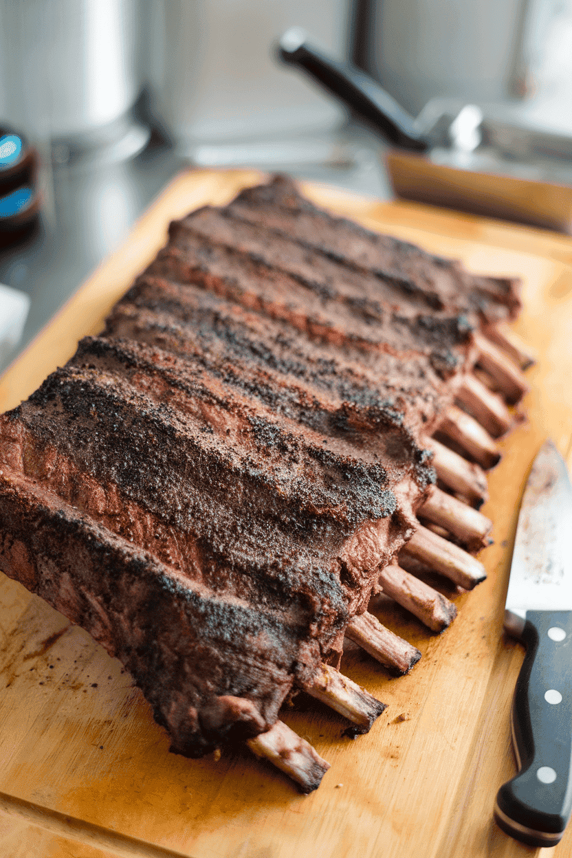 Indoor butcher board holding large smoked-then-grilled beef ribs, dark peppery bark visible, knife off to side. Photo only, no text or logos.