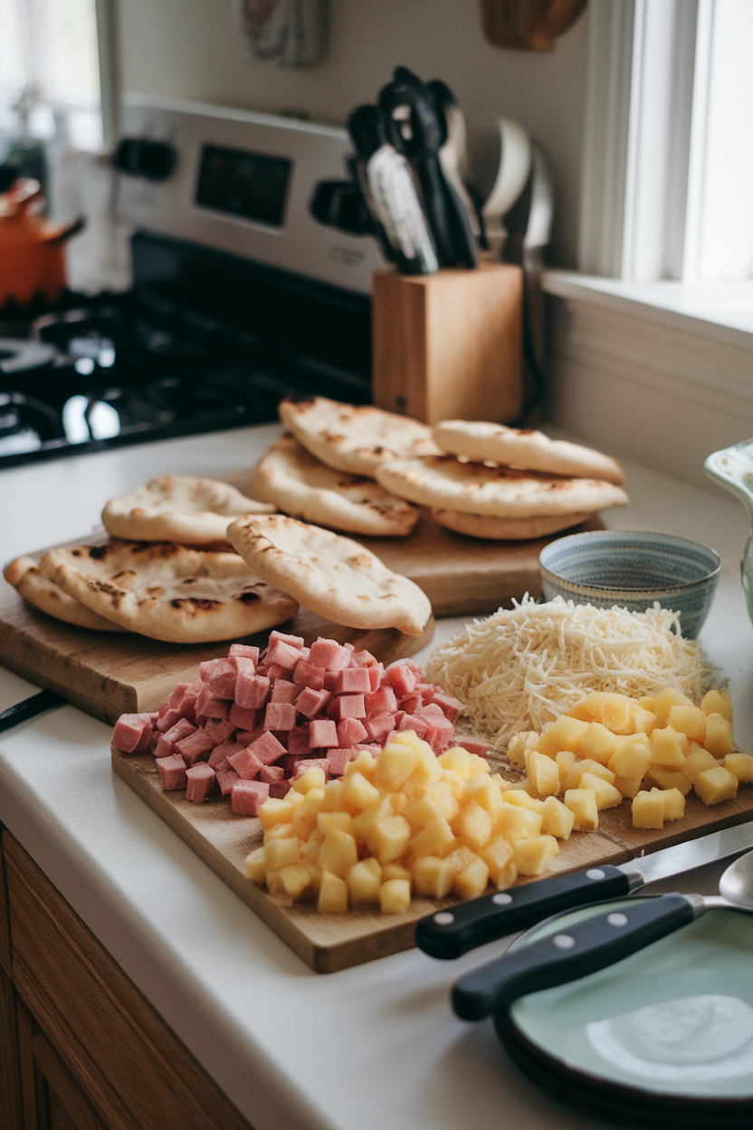 A cozy indoor kitchen counter with mini naan breads, cubed cooked ham, pineapple tidbits, and shredded mozzarella in tidy piles—no text or logos visible; photo only.