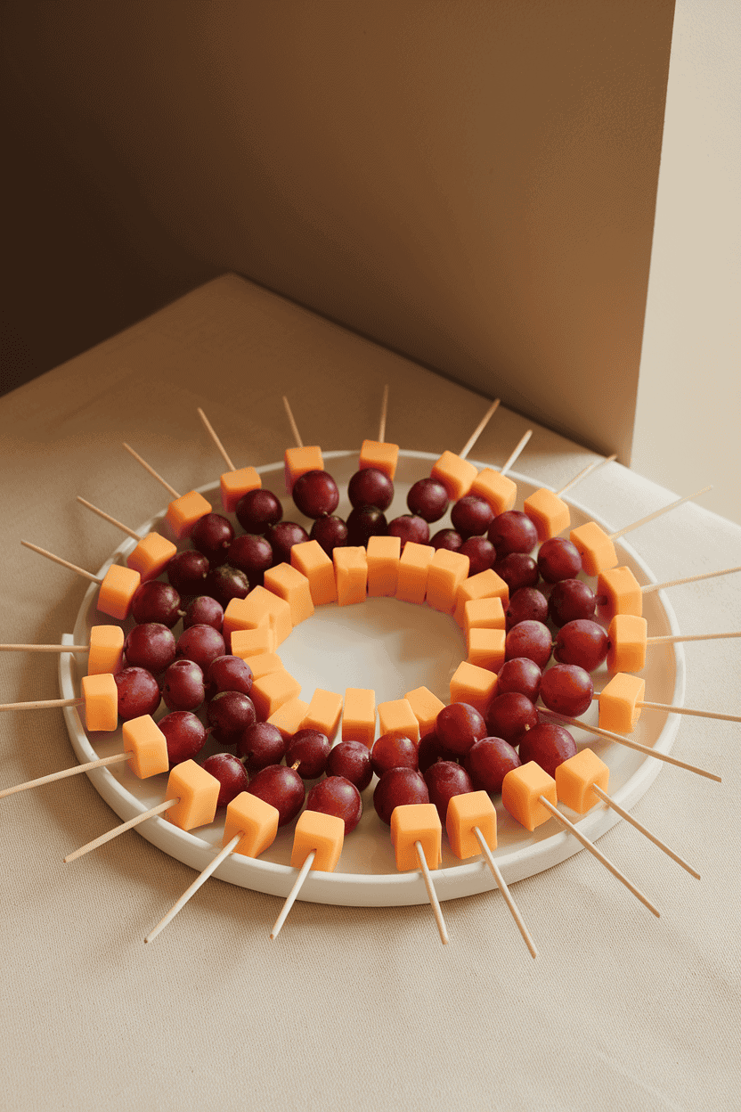 An indoor tabletop scene with short wooden skewers alternately threaded with red grapes and cubes of mild cheddar, laid out on a simple white platter. No text or logos visible. Photo, not illustration.
