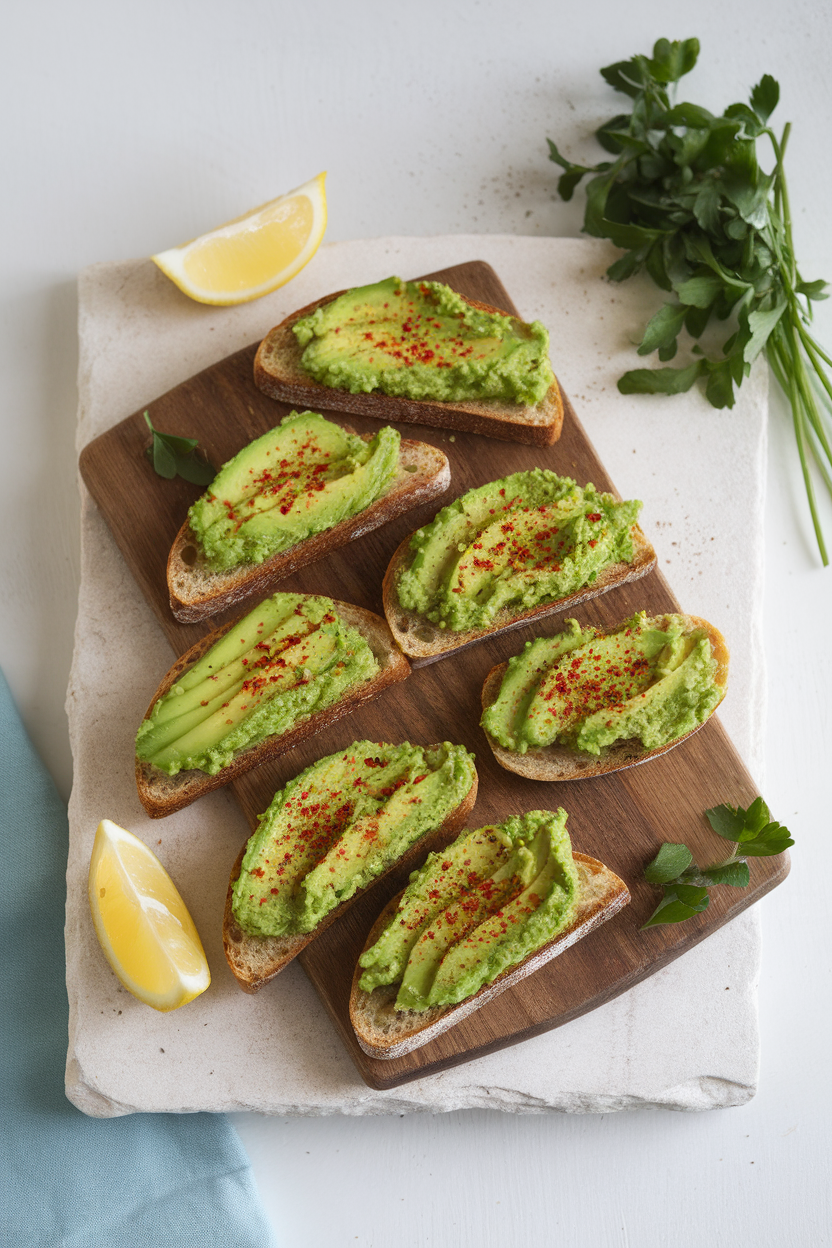 An indoor wooden board displaying toast triangles spread with mashed avocado and red pepper flakes, no text or logos.