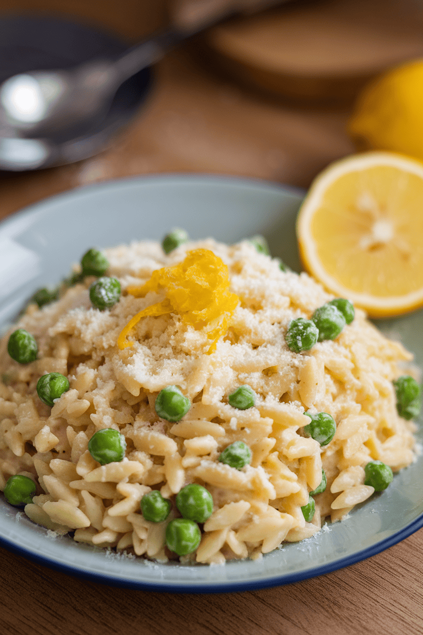 An indoor plate of creamy orzo pasta flecked with green peas and grated Parmesan, lemon zest sprinkled on top. No logos or text present.