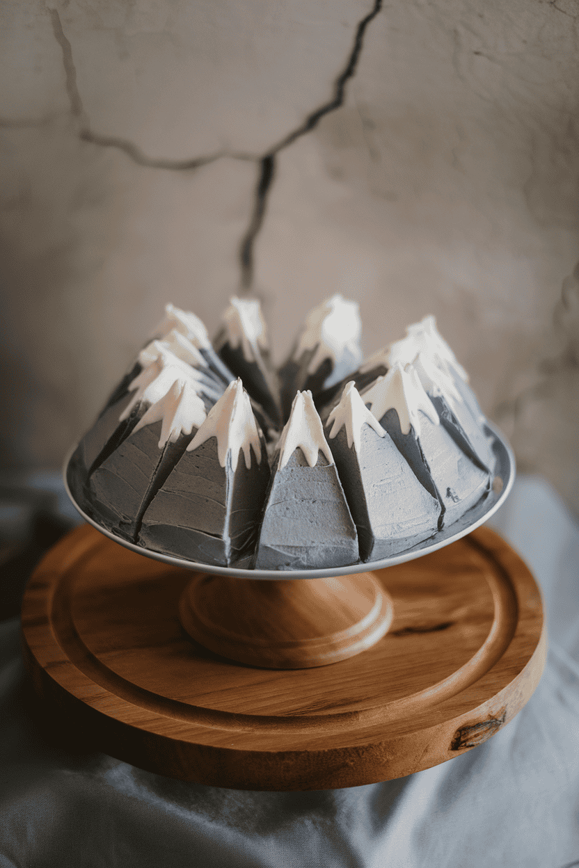 An indoor cake stand holding multiple triangular cake wedges frosted in gray and white to mimic snowy peaks, photographed at eye level. No text or logos in frame; photo only.