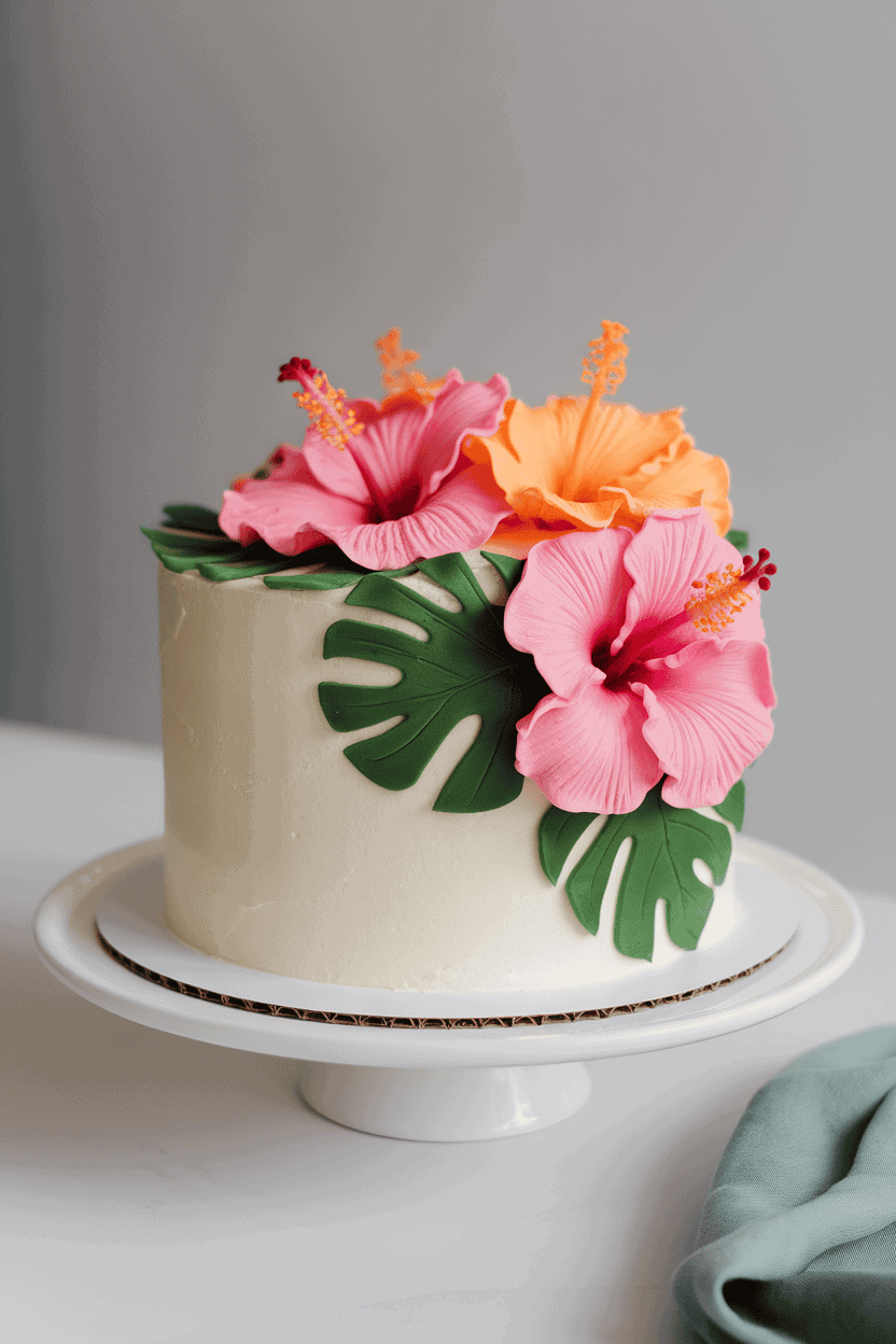 Indoor photo of a cake covered in smooth buttercream, adorned with vibrant pink and orange buttercream hibiscus flowers and green leaves; soft studio lighting; no text or logos.