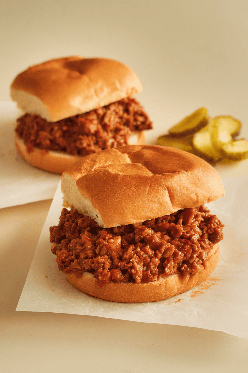 Indoor photo of two overflowing sloppy joe sandwiches on plain buns, a few pickle chips on the side, no text or logos