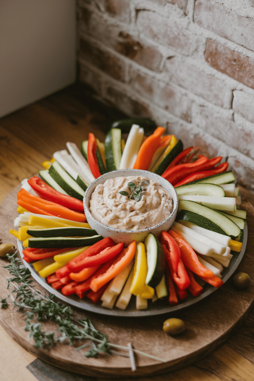 An indoor platter featuring colorful sticks of bell pepper, zucchini, and jicama arranged around a bowl of creamy white bean dip. No text or logos. Photo, not illustration.