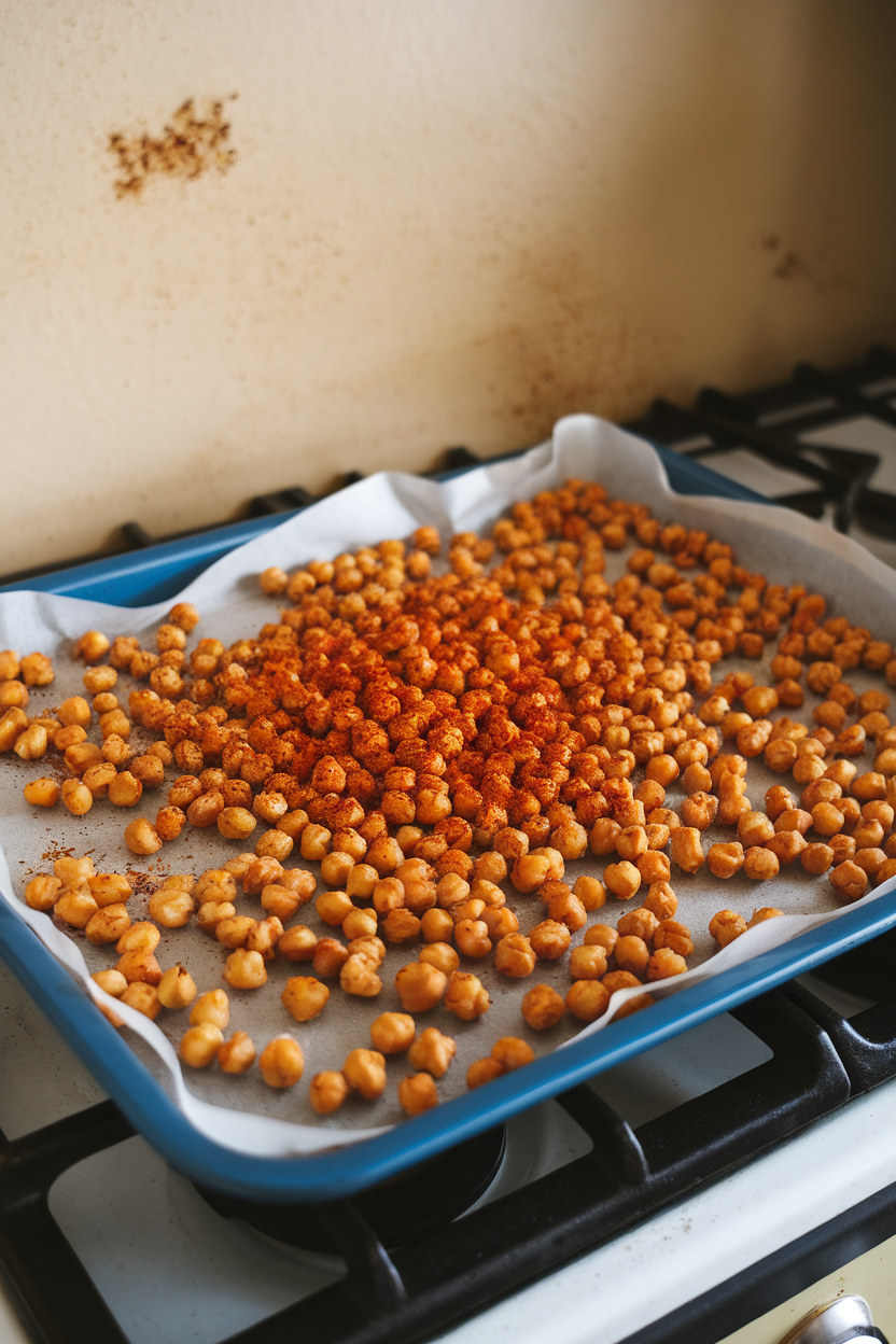 A baking tray resting on an indoor stove filled with golden roasted chickpeas seasoned with chili powder, no text or logos, photo not illustration.