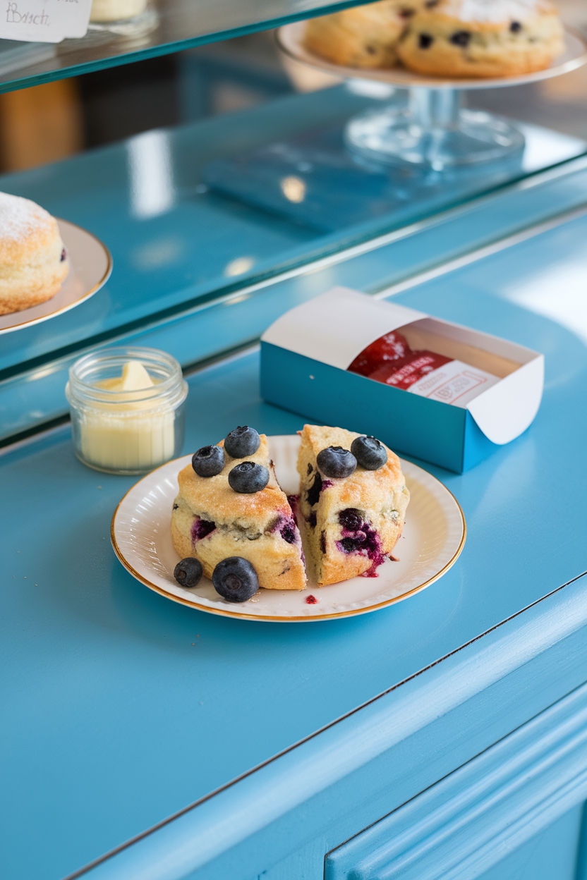 Indoor bakery counter photo of a split blueberry scone, a mini jar of butter, and a packet of strawberry jam in a tidy snack box. No text or logos.
