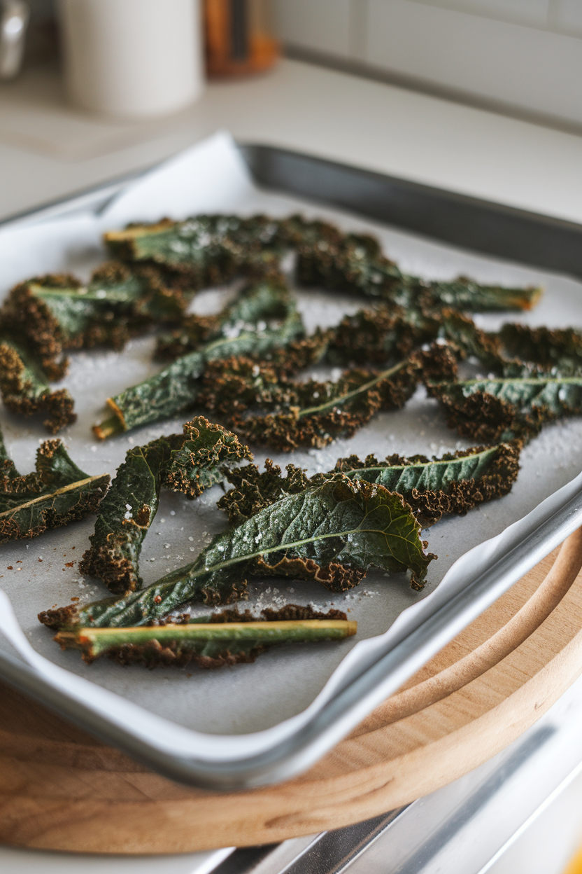 An indoor oven tray lined with crispy baked kale leaves lightly dusted with salt, no text or logos, photograph only.