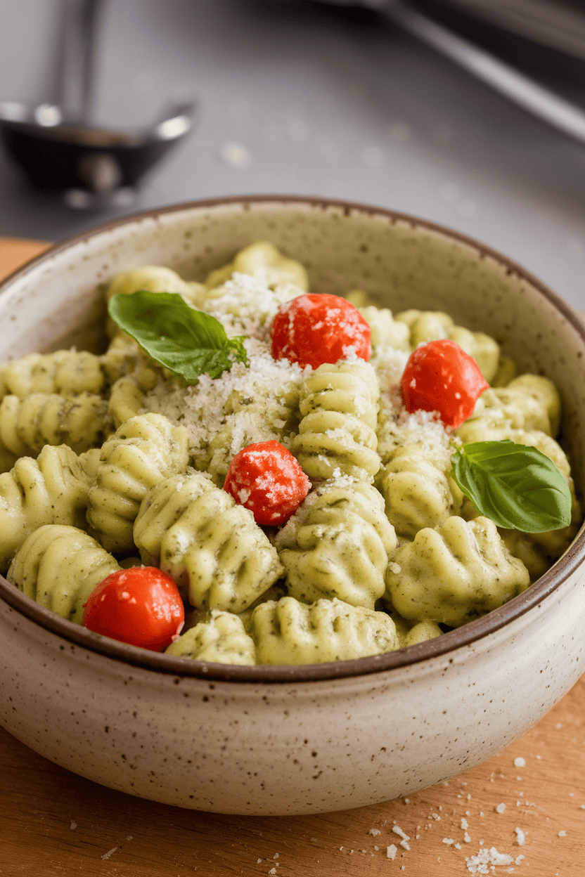 Indoor ceramic bowl of pillowy gnocchi coated in pale green creamy pesto sauce, grated Parmesan dusted on top. No text or logos.