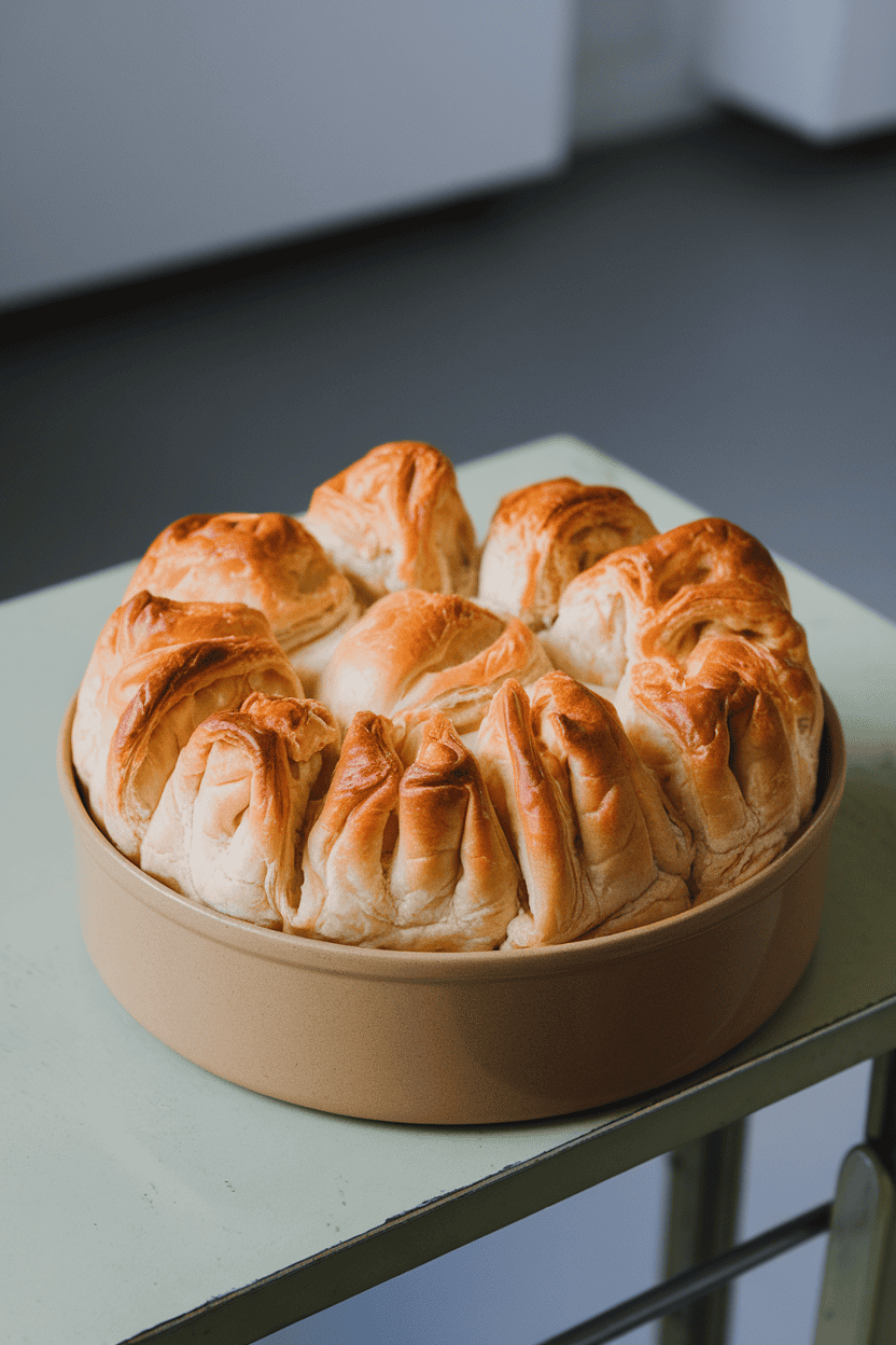 Photo of a round baking dish topped with puff pastry, flaky layers puffed high with a few fork holes; indoor tabletop; no text or logos.