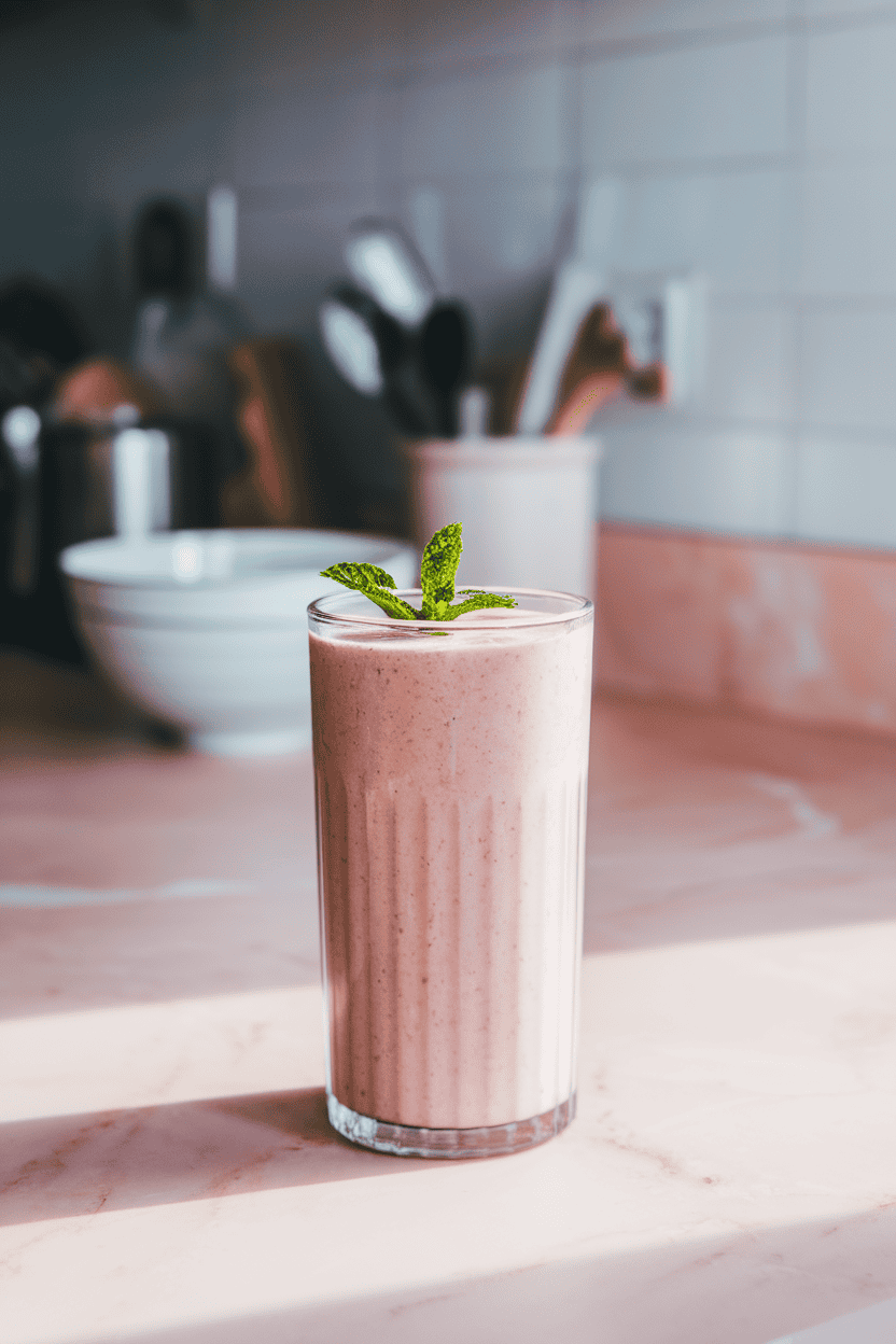 Indoor kitchen counter showing a light pink smoothie in a tall glass, small mint sprig floating; bright midday lighting; photograph, not illustration; no text or logos.