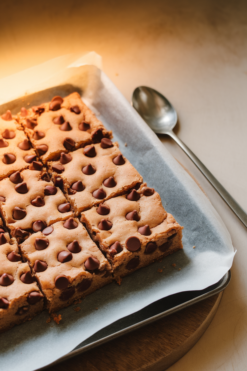 Indoor photo of square blondie pieces studded with melted chocolate chips on a baking parchment; warm overhead light; no text or logos. Photo, not illustration.