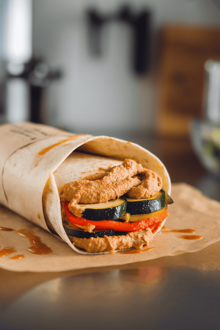 A kitchen table shot of a burrito showing layers of roasted zucchini, bell peppers, and a thick hummus smear. No text or logos present. Photo, not illustration.