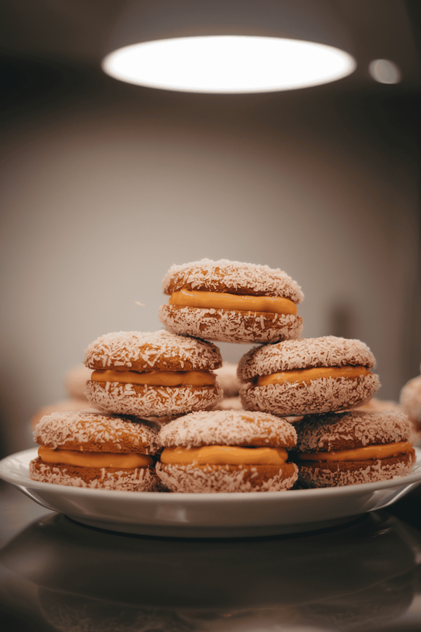 Indoor photo of sandwich cookies filled with dulce de leche and rolled in shredded coconut, stacked neatly on a plate, soft overhead light, no text or logos