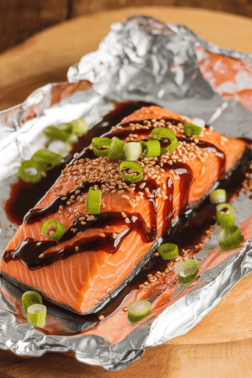 Indoor photo of cooked salmon glazed with dark hoisin sauce, sprinkled with toasted sesame seeds and sliced green onions, lying on foil. No text or logos visible.