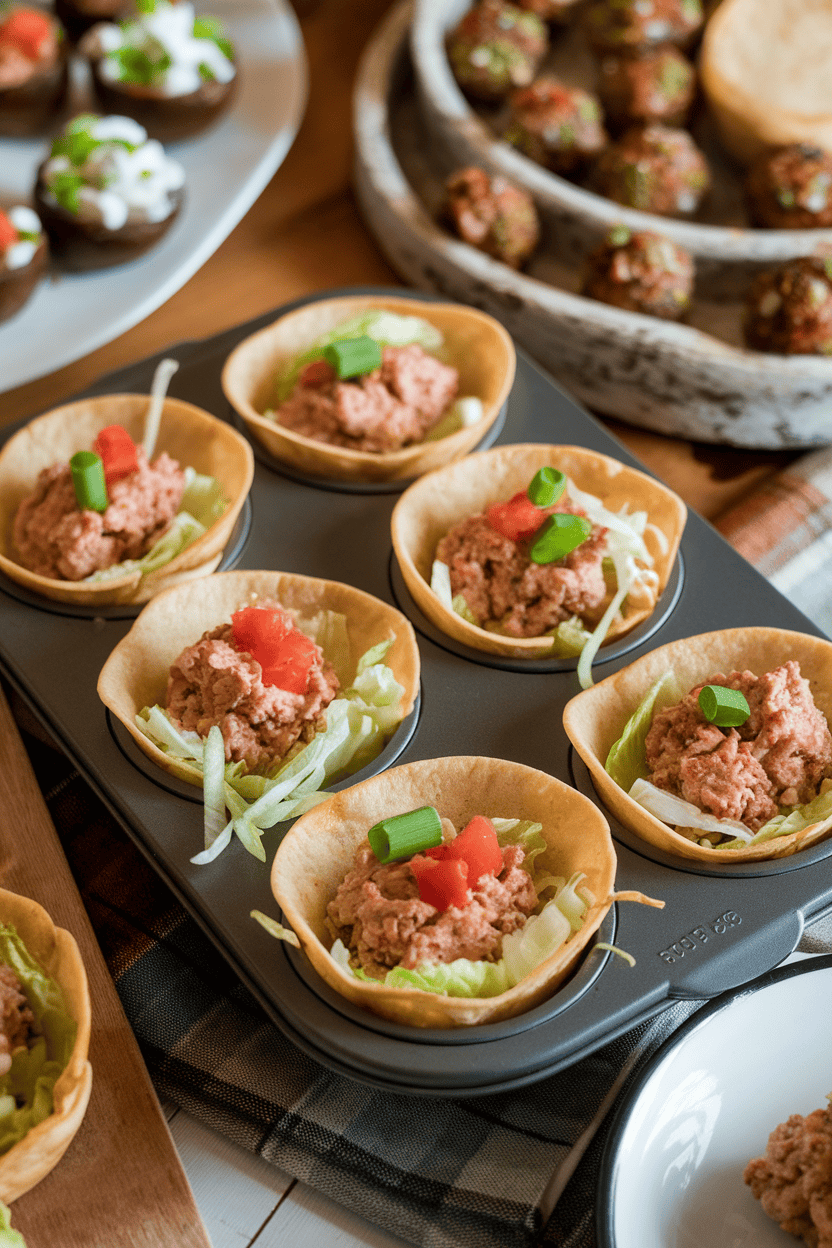 Indoor appetizer table with a muffin tin of baked flour-tortilla cups filled with seasoned ground turkey, lettuce shreds, and mild cheese. No text or logos visible.