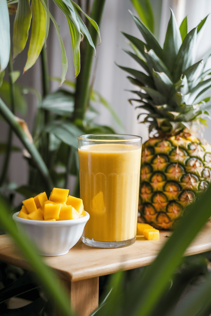 An indoor breakfast nook showing a bright yellow smoothie in a clear glass, a small bowl of diced mango and pineapple nearby, all under soft morning light. Photo, no text or logos.