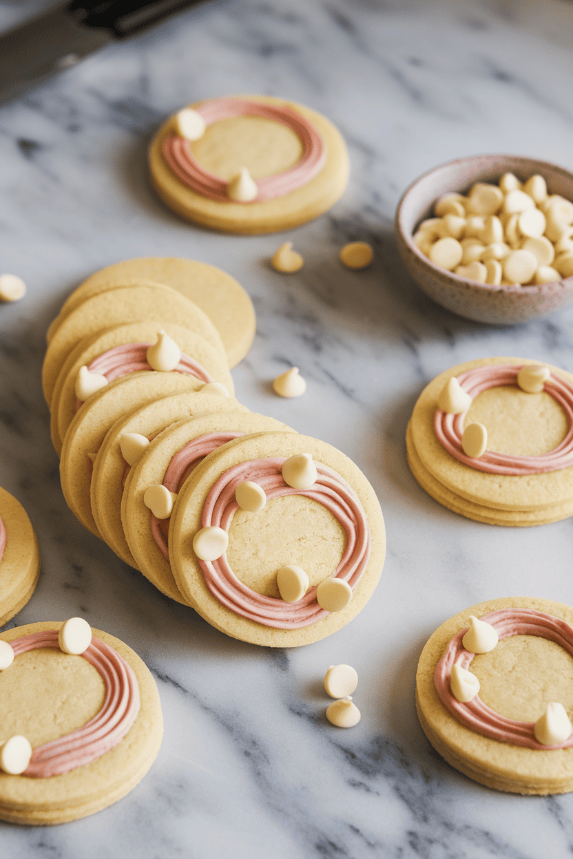 Indoor photo of pale yellow cookies swirled with passion-fruit icing and dotted with white-chocolate chips on a marble surface, soft diffused light, no text or logos