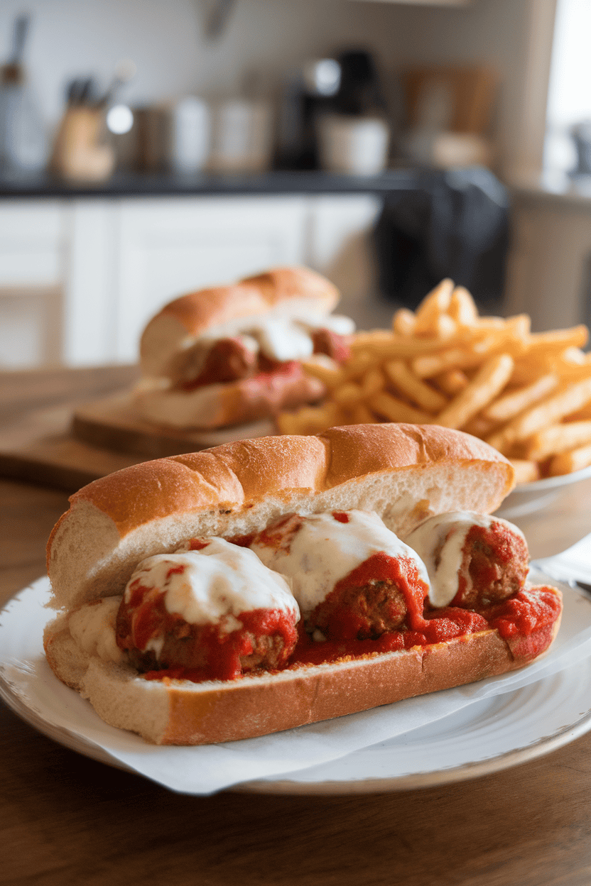 An indoor kitchen table with open sub rolls stuffed with saucy meatballs and melted mozzarella, no text or logos visible.