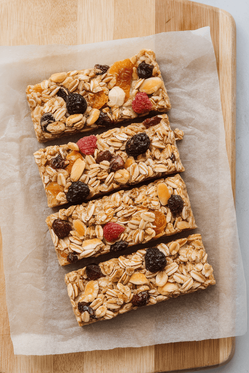 An indoor cutting board displaying rectangular oat granola bars studded with dried fruit and nuts, parchment underneath, no text or logos, photo.