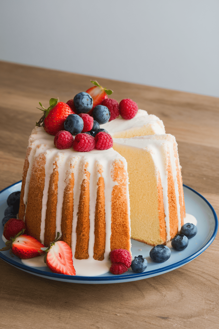 Indoor photo of a tall, airy angel food cake sliced and plated with mixed berries and a drizzle of cream; gentle lighting; no text or logos