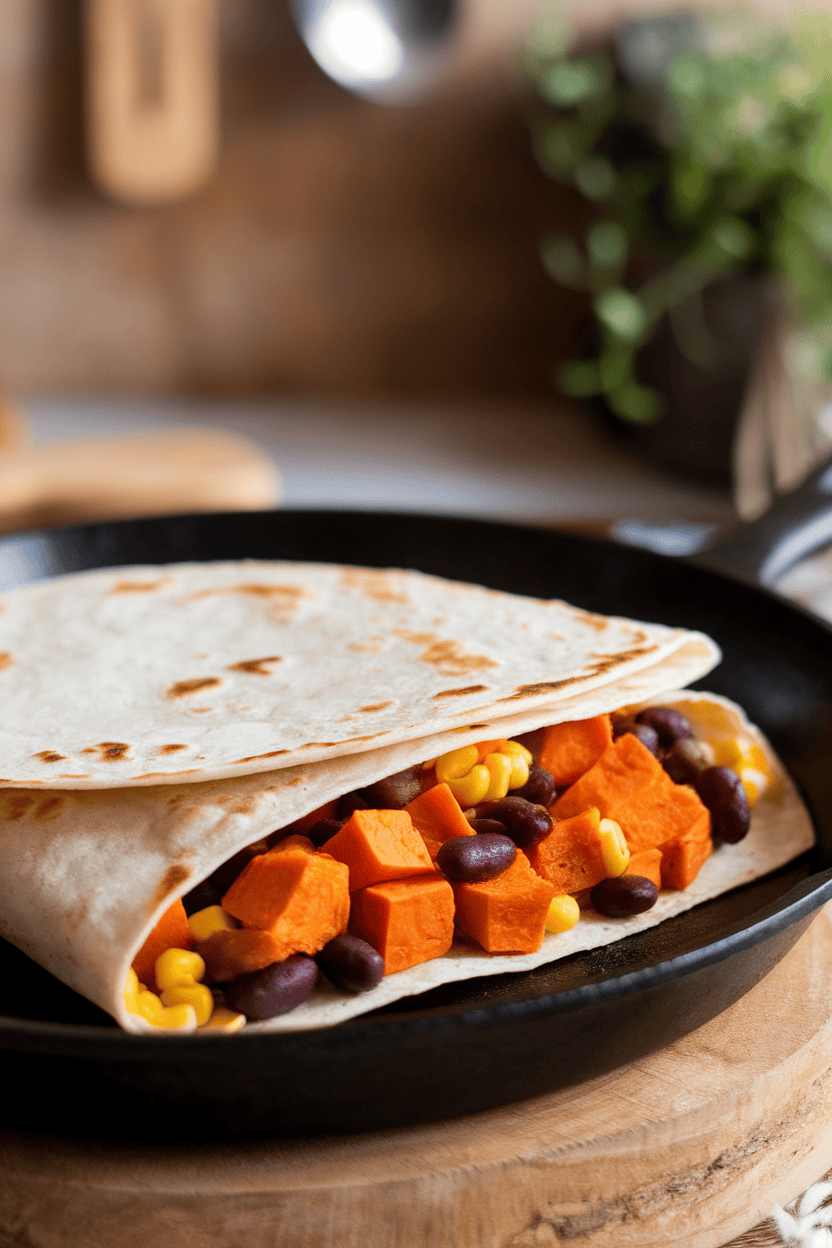 Indoor shot of a folded flour tortilla packed with roasted sweet potato cubes, black beans, and corn, lightly browned on a skillet. Soft window light, no text or logos.