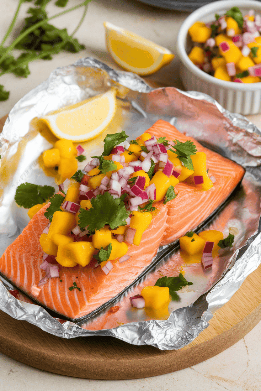 Indoor photo of cooked salmon topped with chunky mango salsa—diced mango, red onion, and cilantro—resting on foil. No text or logos anywhere.