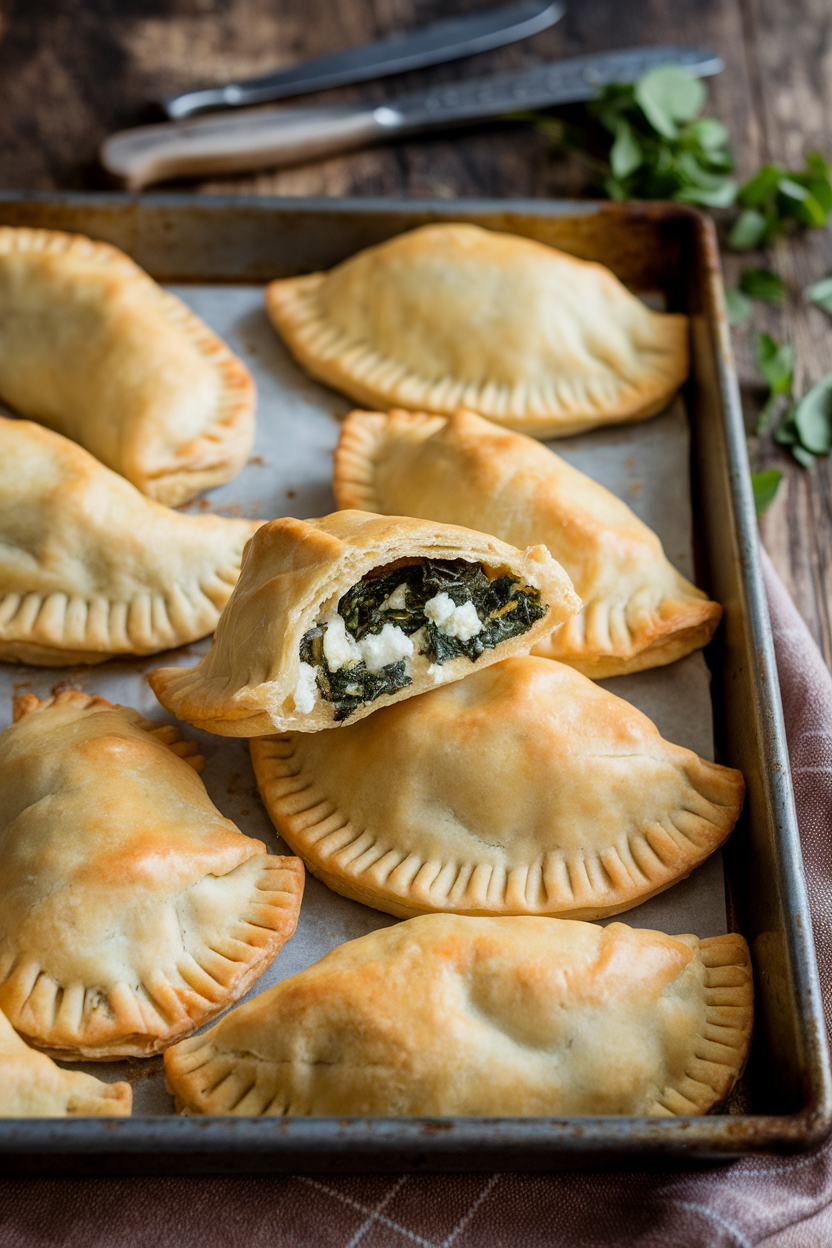 Indoor baking tray with flaky golden hand pies, one broken open to show spinach and feta filling. No branding visible.