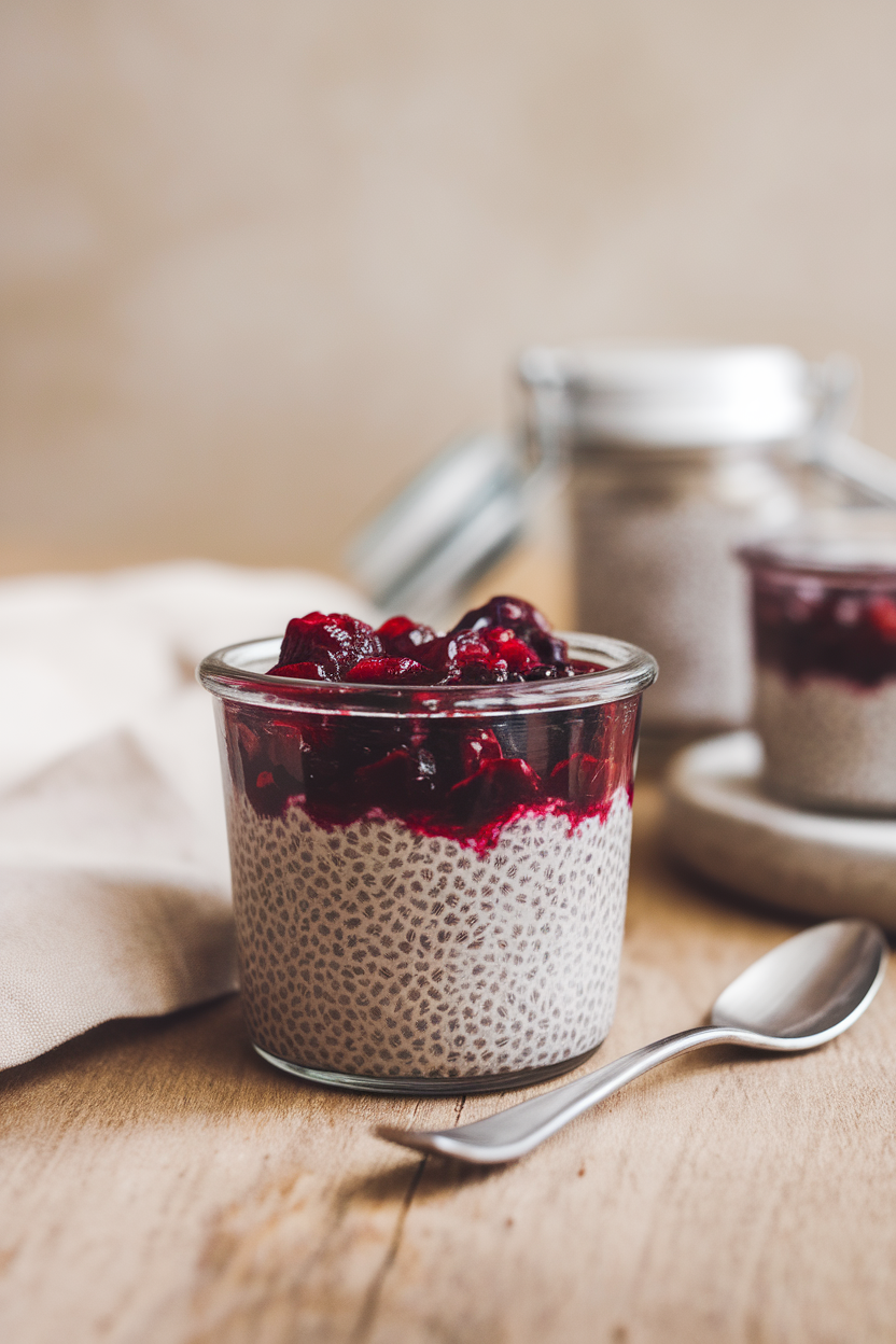 Indoor photo of a small glass jar layered with chia pudding and berry compote, spoon resting alongside; neutral background; no text or logos. Photo, not illustration.