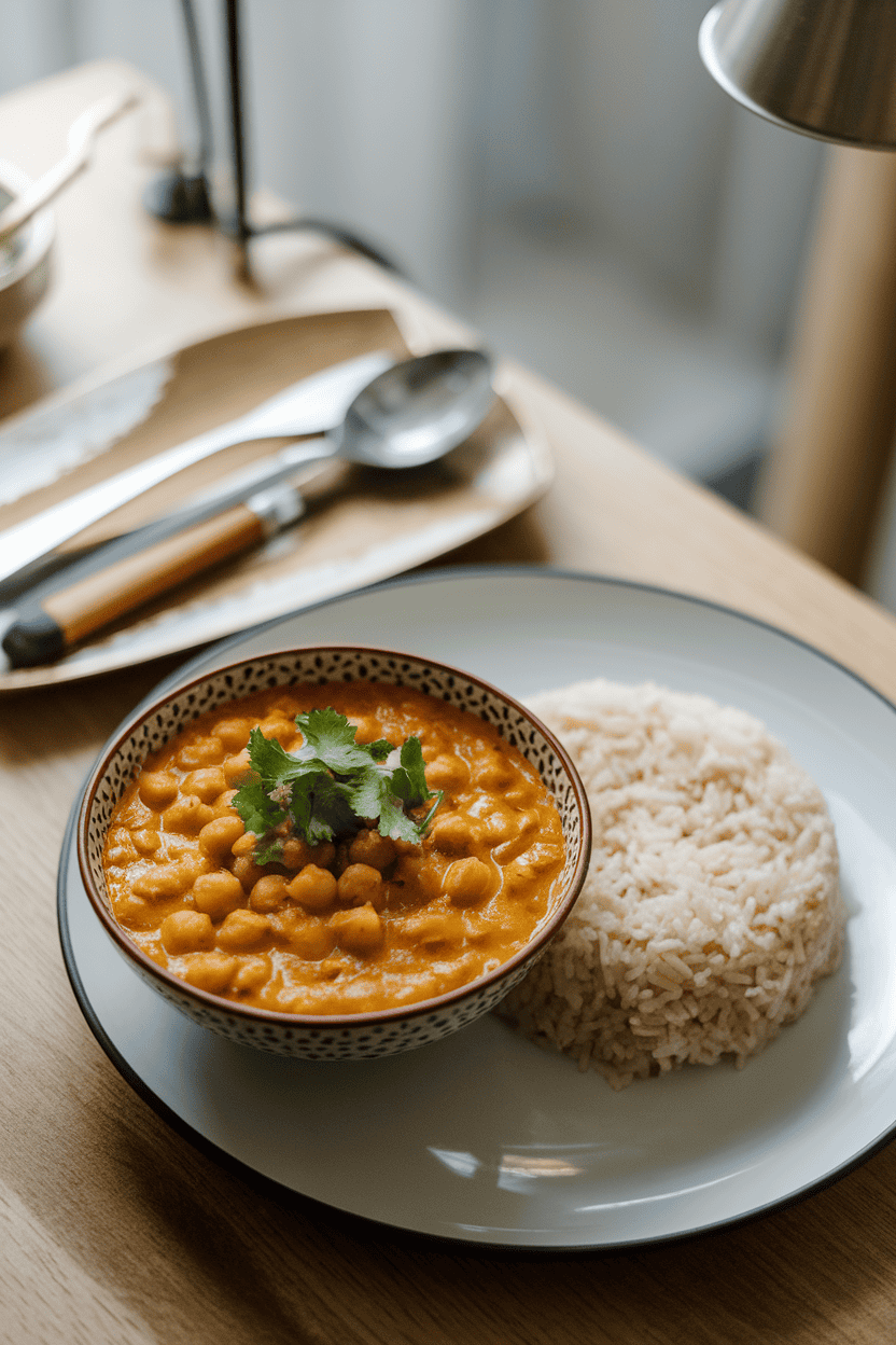 An indoor dining table showing a bowl of golden chickpea curry garnished with cilantro and served alongside a mound of steamed rice. Slight overhead angle; photo only; no text or logos.