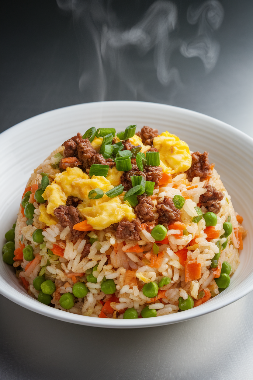 Indoor wok shot of colorful fried rice with peas, carrots, scrambled egg, and small bits of browned ground beef. Steam visible, no text or logos. Photo, not illustration.