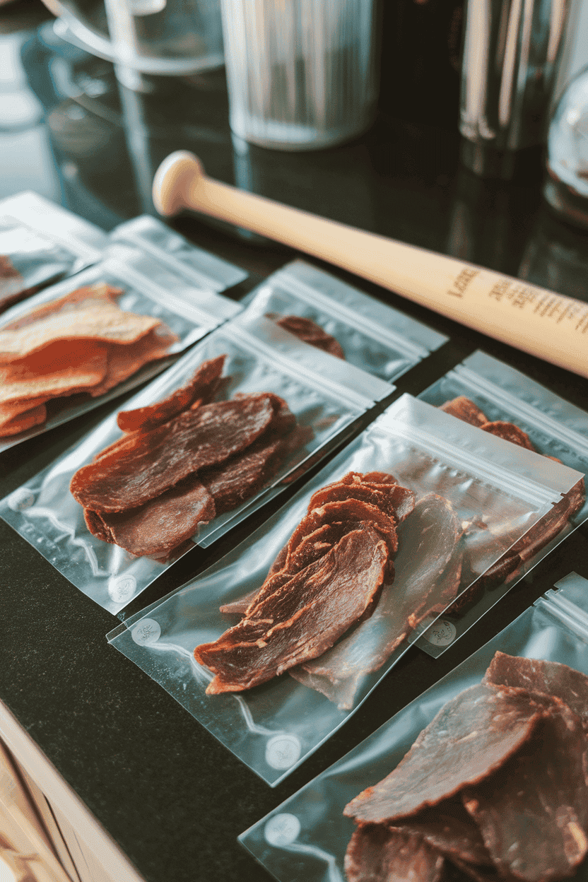 An indoor countertop featuring several plain, logo-free clear bags of thin-sliced beef jerky arranged beside a wooden bat as a prop. No text or logos present. Photo, not illustration.
