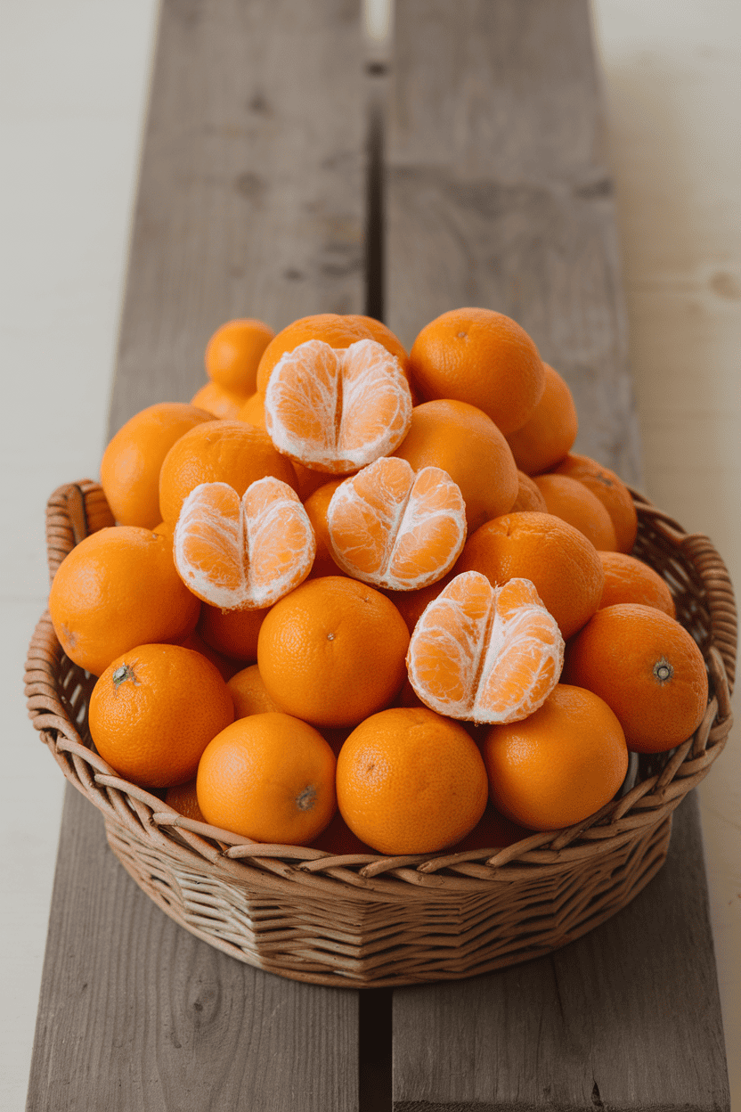 An indoor fruit basket overflowing with bright mandarin oranges, a few partially peeled to reveal segments, no text or logos, photograph.