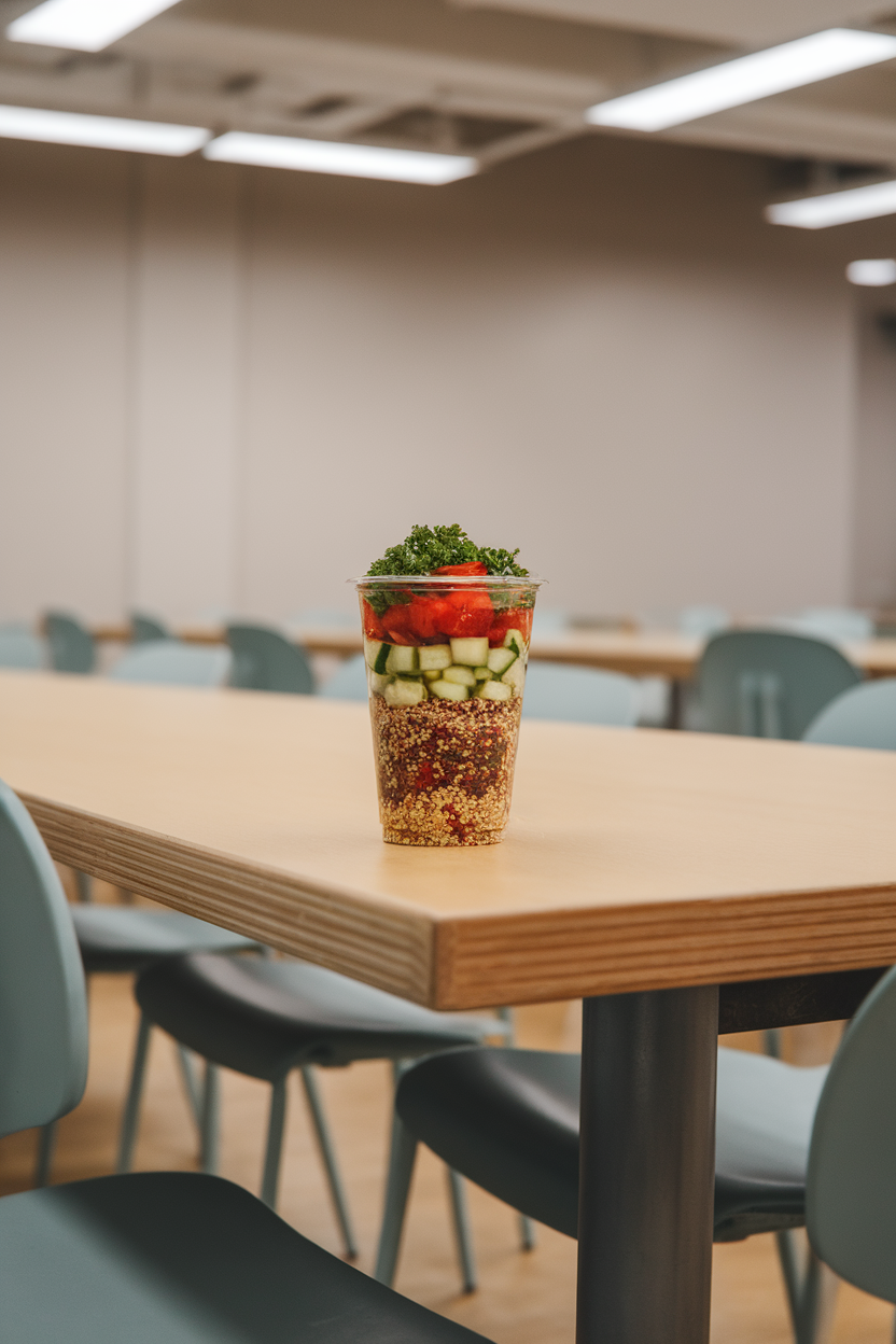 Photo — an indoor communal table showing a clear cup layered with tricolor quinoa, diced cucumber, cherry tomatoes, and parsley. Neutral overhead lighting; no text or logos.